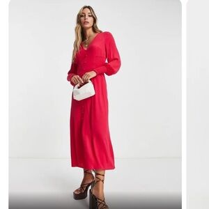 Whistles Ilana Shirred Midi Dress bright pink size 14 nwt